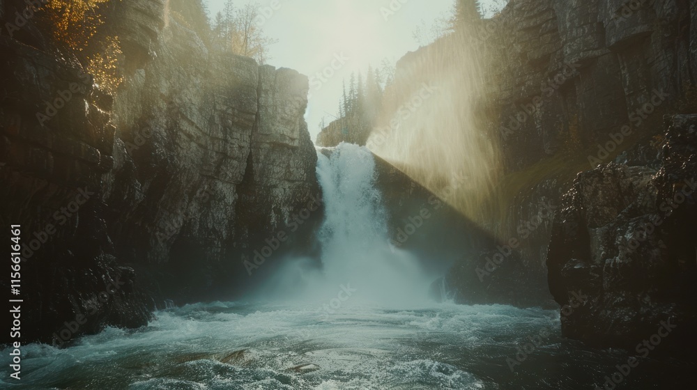 Poster sunlit waterfall cascading between rocky cliffs.