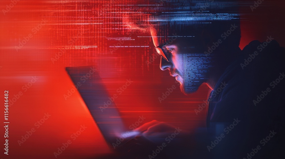Poster cybersecurity analyst engaged in data protection digital workspace creative futuristic environment s