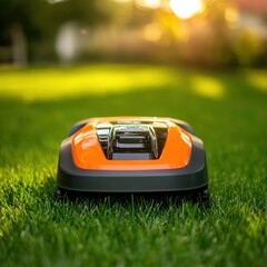 Robotic Lawn Mower on Green Grass in a Sunlit Garden Scene