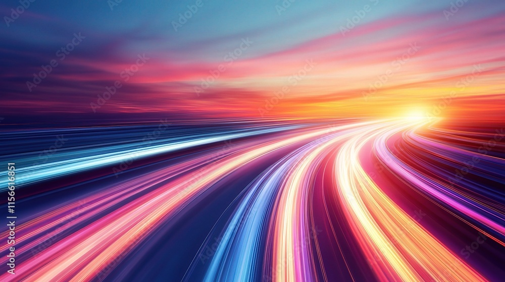 Poster Dynamic Light Trails Creating Vibrant Abstract Patterns at Sunset