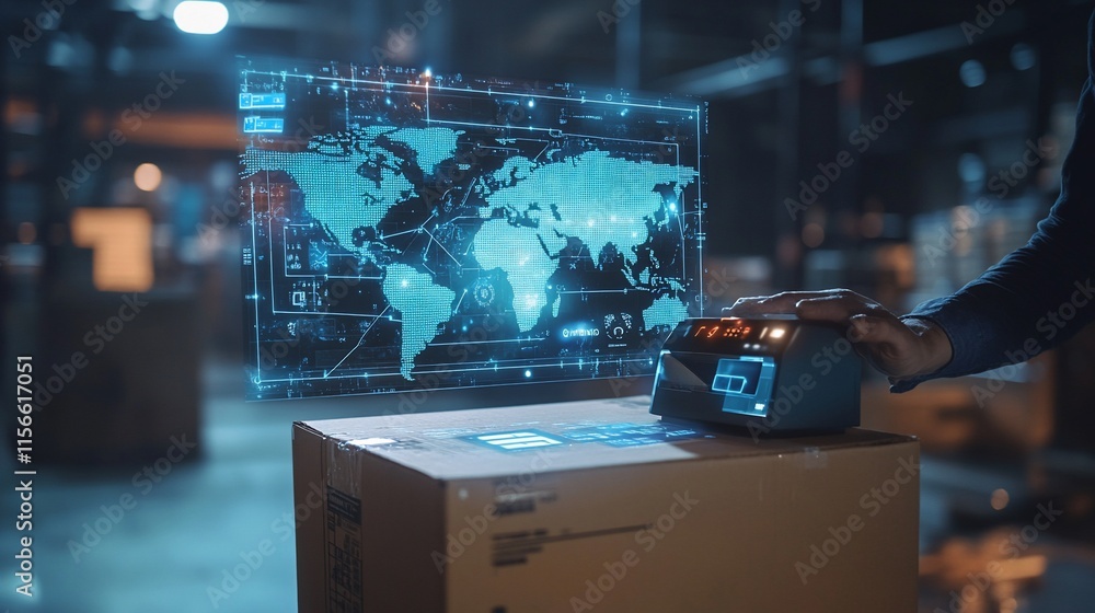 Poster a digital interface displays a world map above a shipping box in a warehouse.