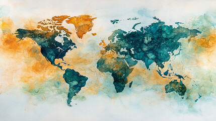Watercolor world map with soft brush strokes and vibrant colors