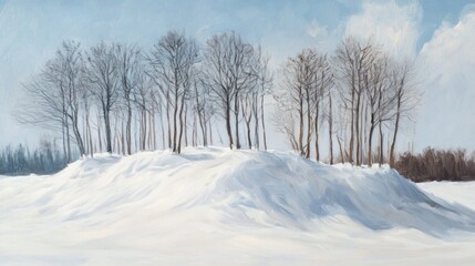 Fototapeta premium Snowy landscape with bare trees on a hill.