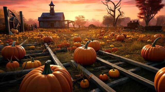 A rustic pumpkin patch with wooden walkways lined with pumpkins, a small farmhouse in the distance, and falling autumn leaves under a vibrant sunset sky