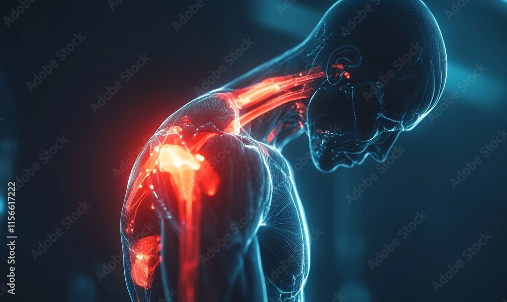 Poster a digital rendering of a human figure highlighting muscular and skeletal structures.