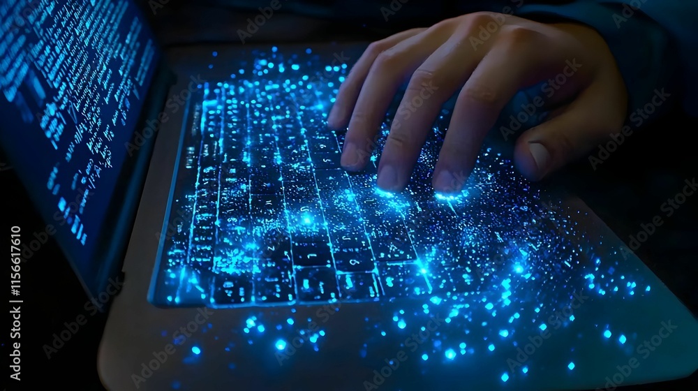 Aufkleber illuminated keyboard with abstract digital effects in dark environment