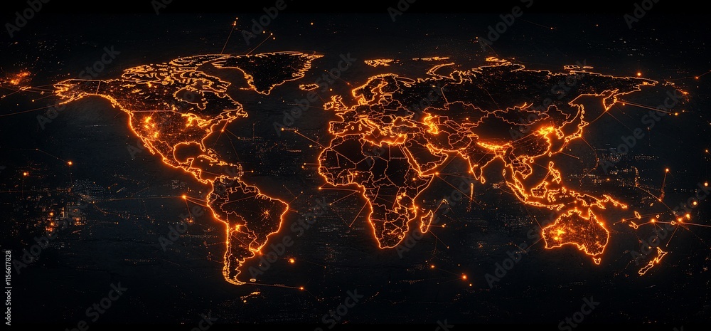 Poster a digital map of the world with glowing networks and connections.