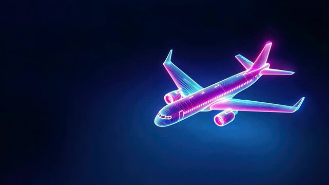 Holographic airplane illuminated by neon lights floating against a dark background, highlights airport delays, cancelled flights, and travel disruptions