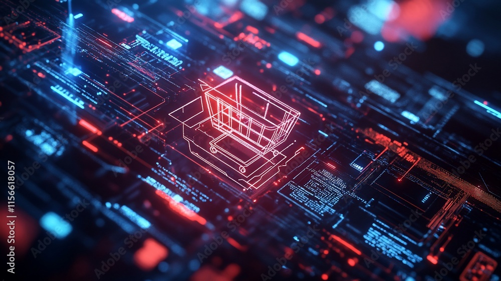 Poster a digital representation of a futuristic architectural design in a tech environment.