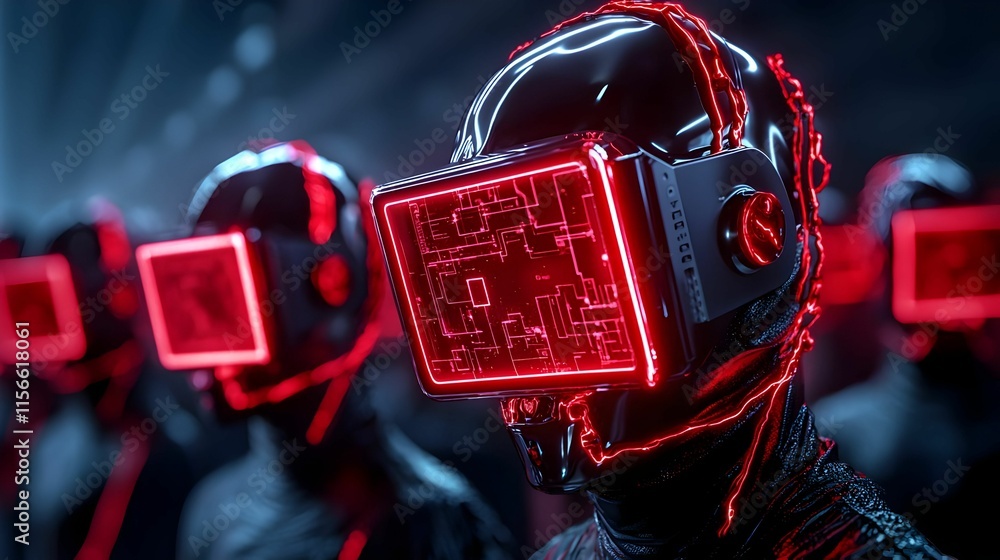 Poster futuristic robots with neon headsets in dark cyber environment