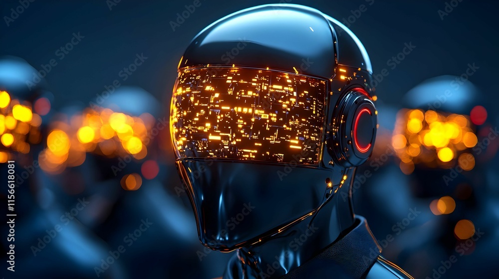 Poster Futuristic robotic faces with glowing circuit patterns in dark setting