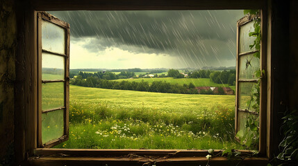 rural landscape seen through a rustic window frame shows gentle rain falling on lush green fields evoking nostalgia