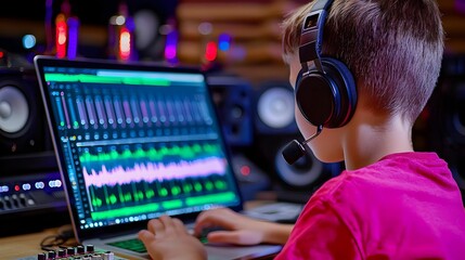 Young Boy Engaged in Music Production with Headphones and Laptop