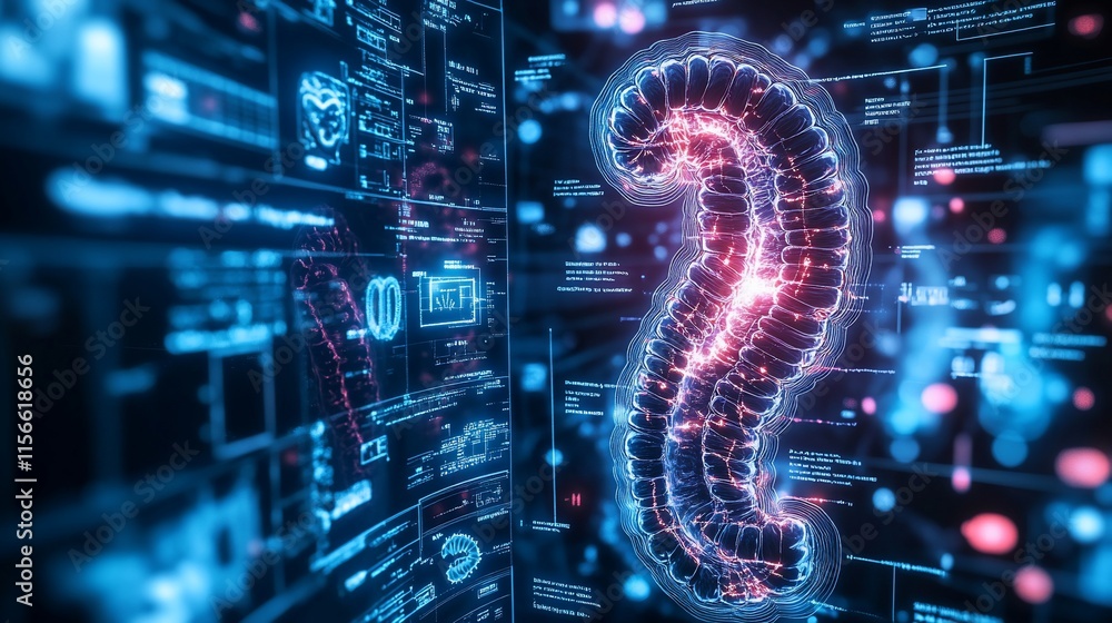 Poster a digital representation of a question mark with a futuristic background.