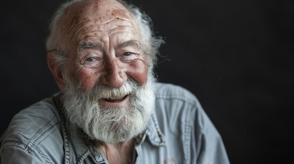 A close up portrait of an elderly man with a white beard smiling.