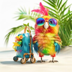 Naklejka premium Colorful parrot in sunglasses by the beach with a suitcase ready for vacation fun