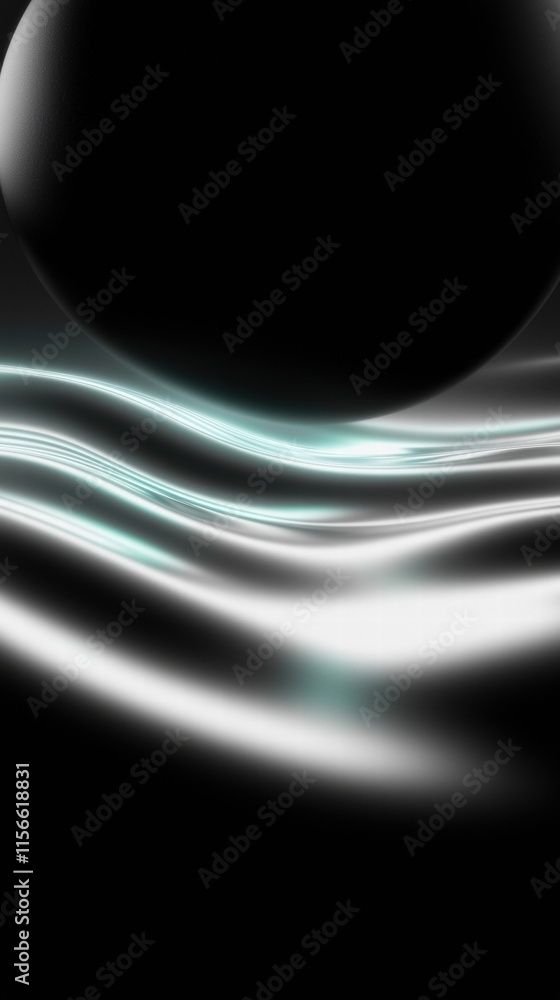 Poster illuminated deep black matte spheres on soft glowing waves abstract art digital design studio settin