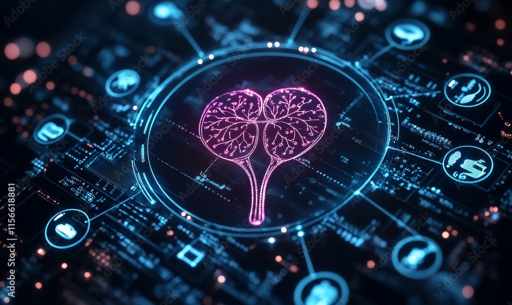 Poster a digital representation of a tree symbolizing growth within a tech environment.