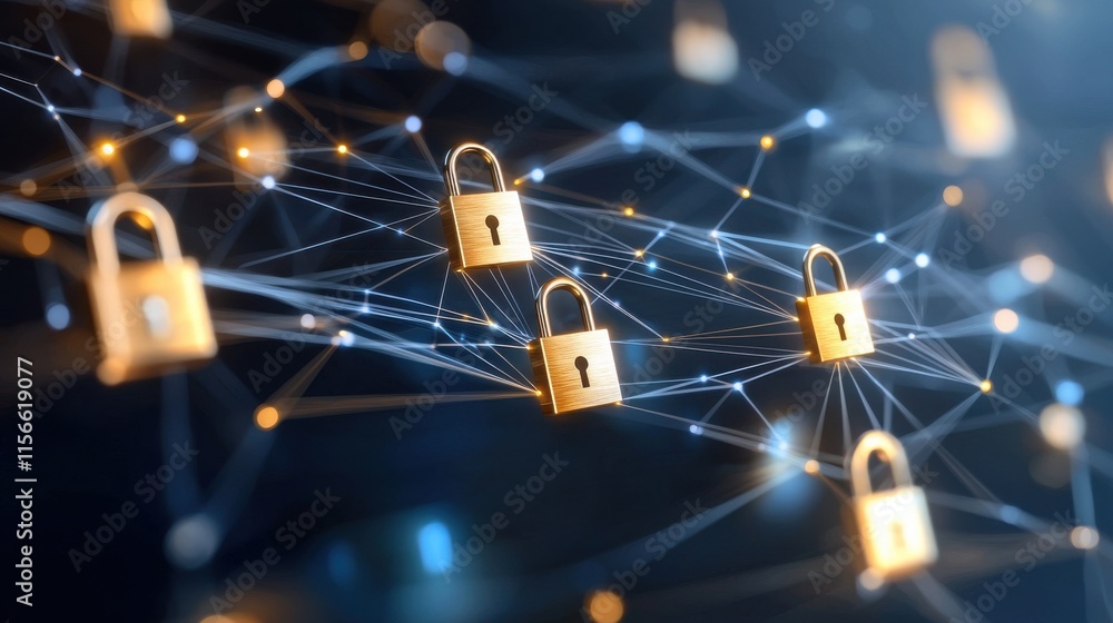 Poster cybersecurity event protecting data with abstract web of locks digital environment network security 