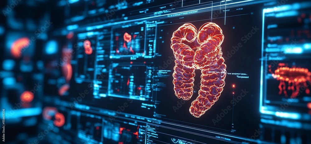 Aufkleber a digital representation of mitochondria in a high-tech interface.