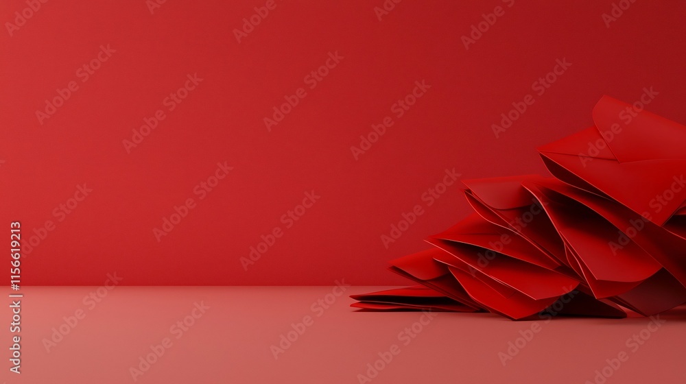 Poster clustered red envelopes arranged on a clean minimalist backdrop with a text friendly composition dis