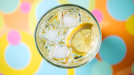 Chilled Nostalgia: A Refreshing Lemonade Glass Amidst a Retro Circular Symphony