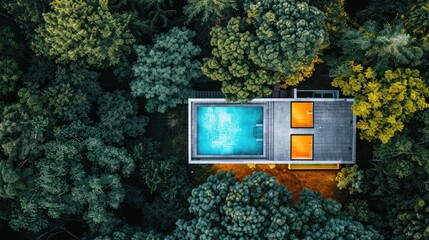 Aerial view of modern house with pool nestled in lush forest at night.