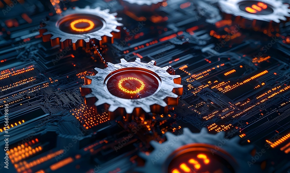 Poster intricate mechanism with gears and circuitry on dark background