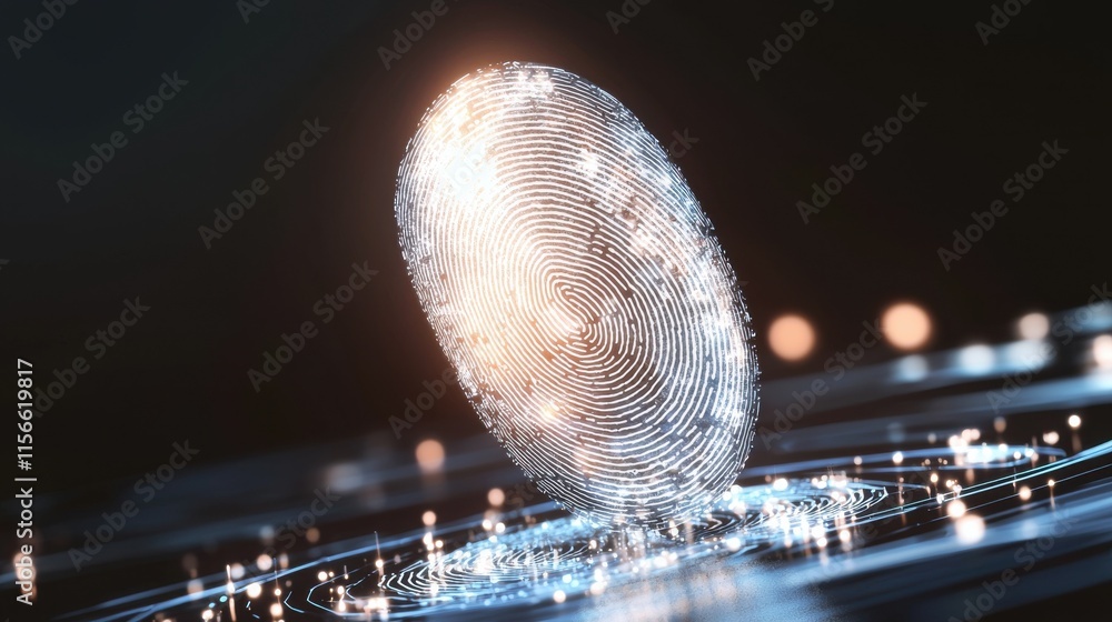 Poster fingerprint scan icon with minimal lines representing technology in a futuristic environment