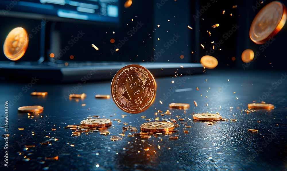 Poster bitcoin coins floating over dark surface with computer screen background