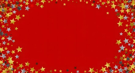 Twinkle stars scattered around randomly, flying, falling down, floating. Christmas celebration concept. Festive stars illustration on red background.
