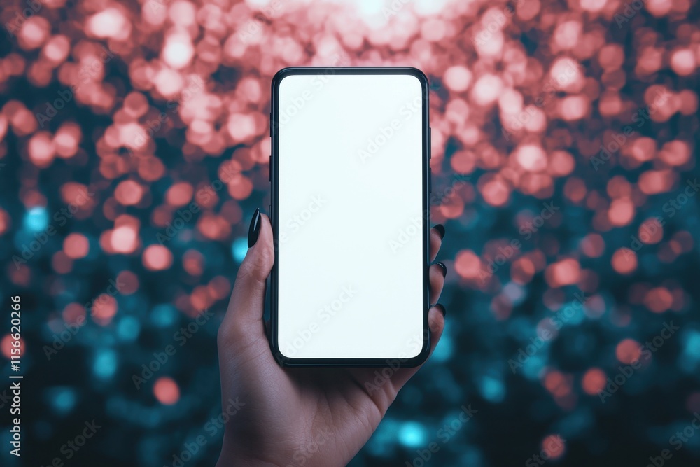 Poster hand holding smartphone with blank screen against bokeh background