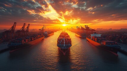 Container Ships at Sunset Navigating a Busy Harbor Channel