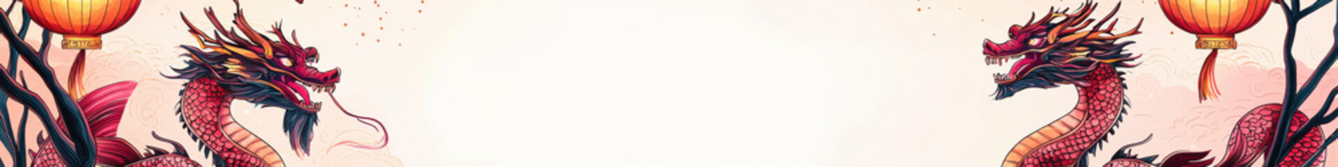 Two majestic dragons in maroon and bronze hues with glowing lanterns