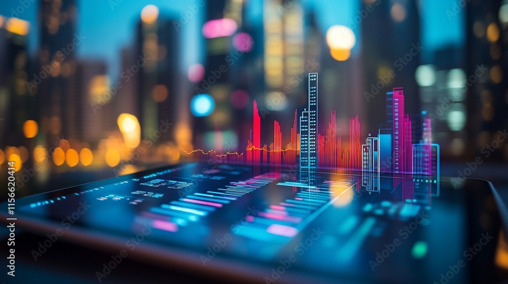 Poster a digital tablet displaying vibrant data visualizations against a city skyline.