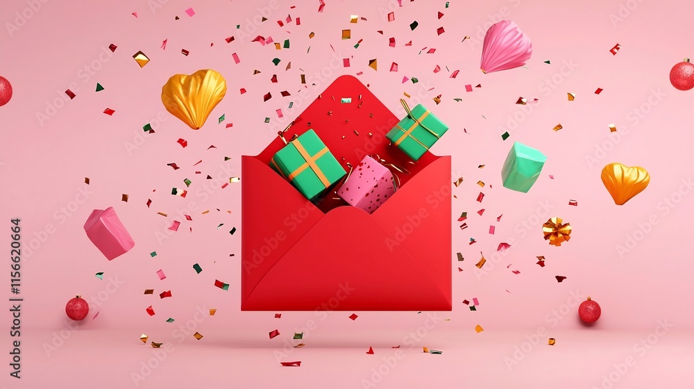 Poster vibrant red envelope with abstract festive 3d and clean text area for or packaging design