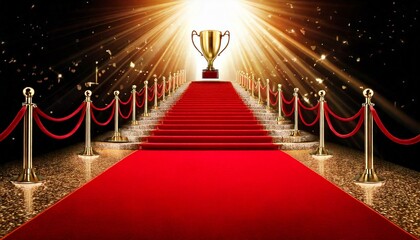 レッドカーペットと赤い階段；光とスポットライトが当たる空間。高級感のある映画祭の授賞式、表彰式、結果発表。