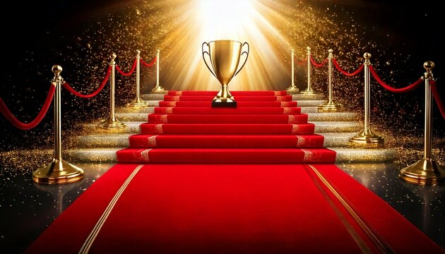 Roter Teppich und rote Treppe; heller und angestrahlter Raum. Preisverleihung, Preisverleihung und Pr&auml;sentation der Ergebnisse des Luxusfilmfestivals.