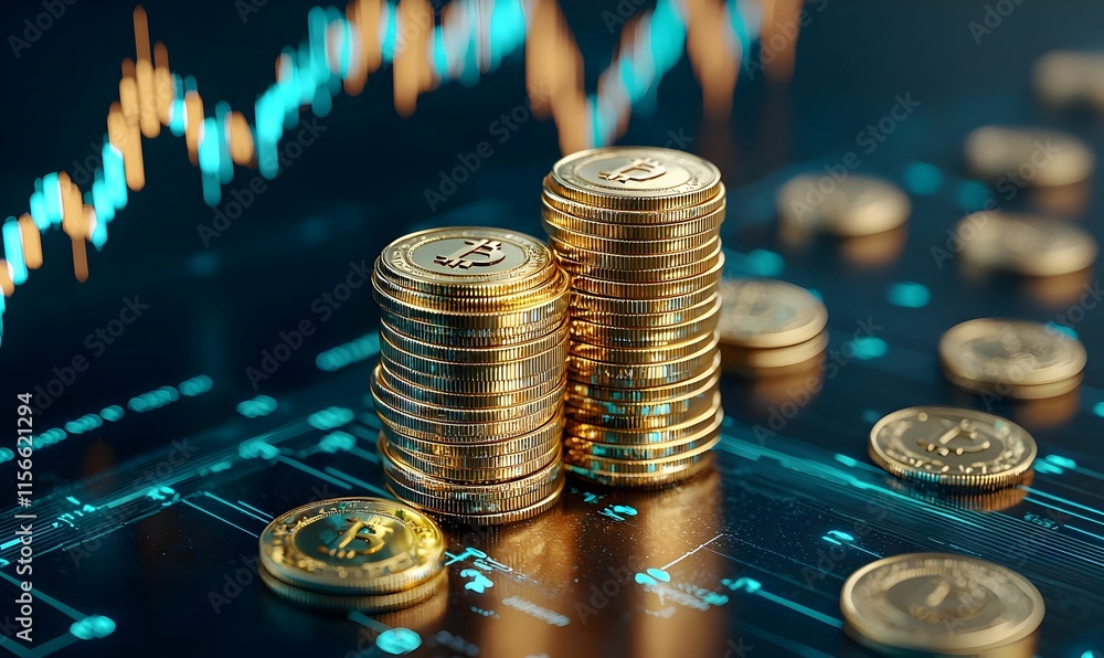 Poster stacks of golden coins with financial graphs and data background