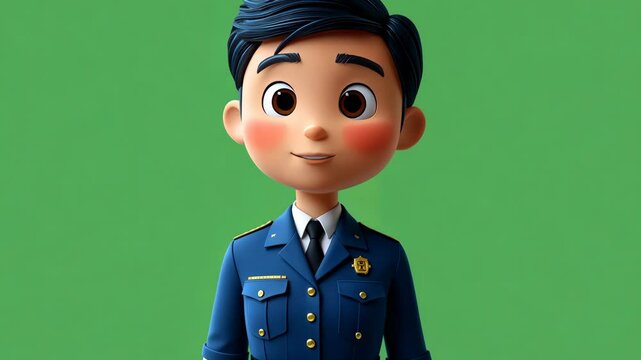 3D Animated Young Male Police Officer, Caucasian, Smiling, Blue Uniform, Badge, Cap, Short Hair, Green Background, for Promotional Material or Artistic Representation