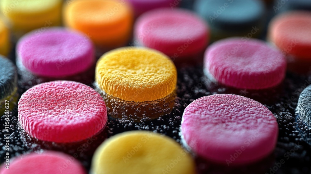 Fototapete colorful textured round objects arranged in rows on a dark surface.