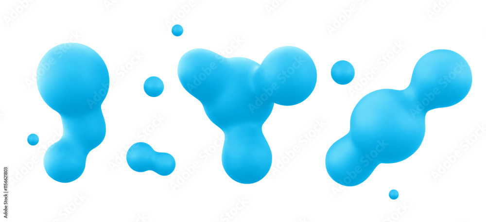 Poster 3d blob shapes collection in bright blue color - flowing liquid forms with smooth organic curves and