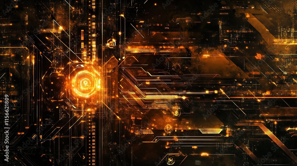 Poster cybernetic core: a mesmerizing abstract of glowing circuitry, with a central core pulsating with ene