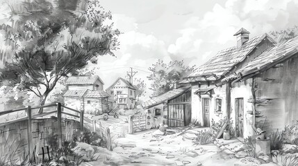 A black and white drawing of a rural scene with several houses and a stone pathway.