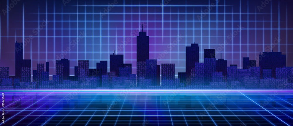 Poster retro futuristic tech cityscape with neon grid background and digital matrix code overlay. dark skys