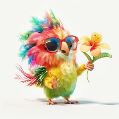 Fototapeta premium Cute funny parrot with colorful hair holding a flower in a vibrant pose