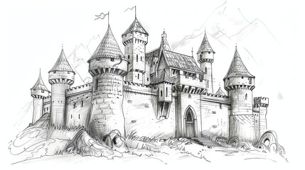 Fototapeta premium A pencil drawing of a fairytale castle with multiple towers.