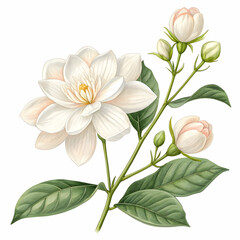 White jasmine flower branch watercolor illustration showcasing elegance and tranquility