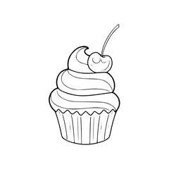 a line art drawing of a cupcake with cherry illustration