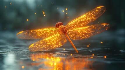 Glowing dragonfly on dark water, sparks.